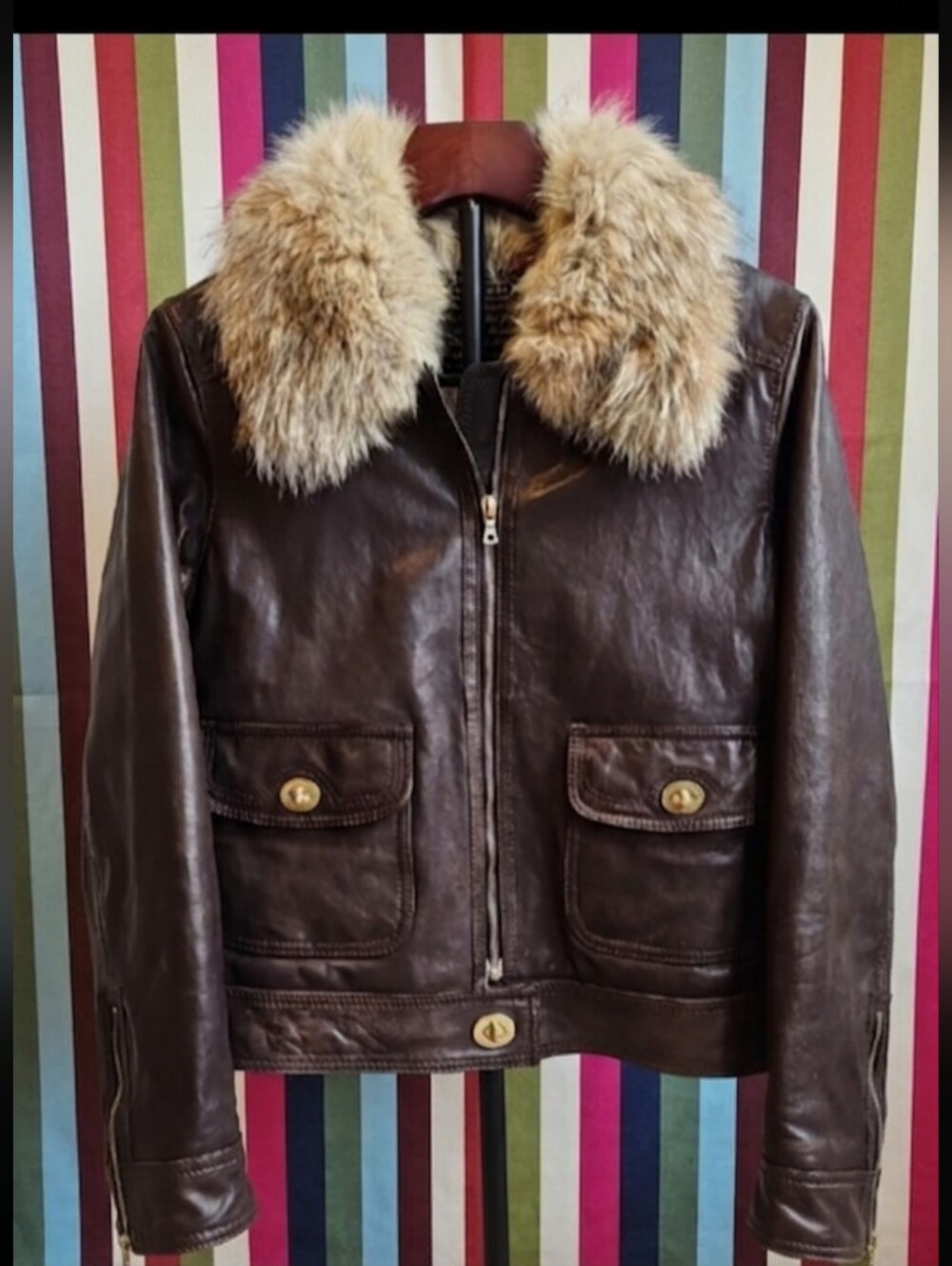 ​RARE Vintage Coach 2006 Legacy Leather Bomber Jacket Turnlock Fur 10 Fits 8